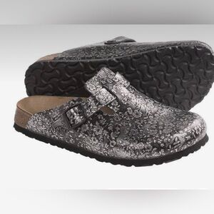 Papillio by Birkenstocks Black and Silver Floral Clogs Size 41